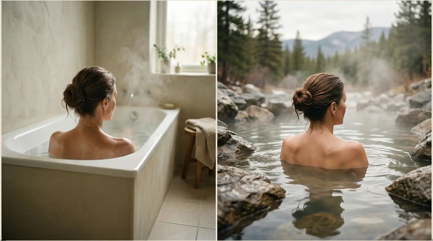 Comparaison entre un bain en baignoire à l’intérieur et un bain en source chaude naturelle en extérieur, sans visage visible.