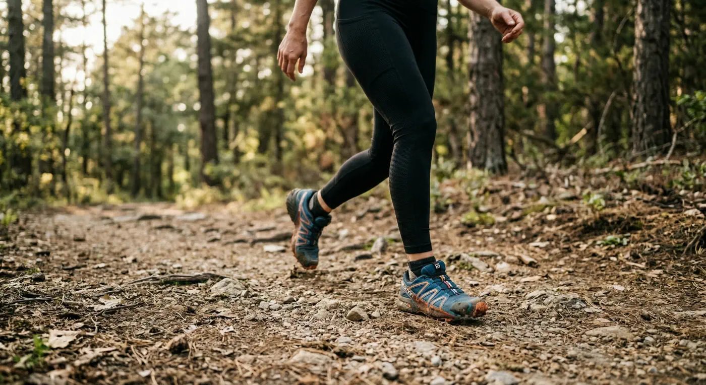 Personne marchant activement sur un chemin naturel, en terrain légèrement irrégulier.